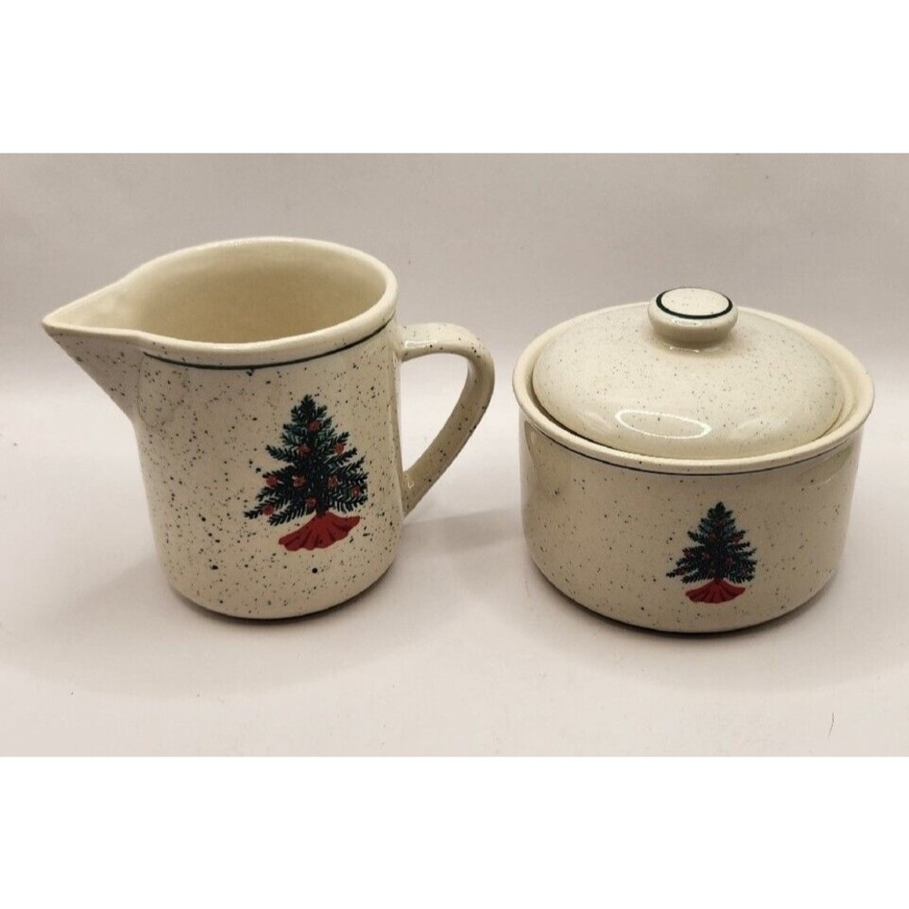 Folkcraft - Holiday - Red/Green w/Christmas Tree Center - Creamer & Sugar Bowl